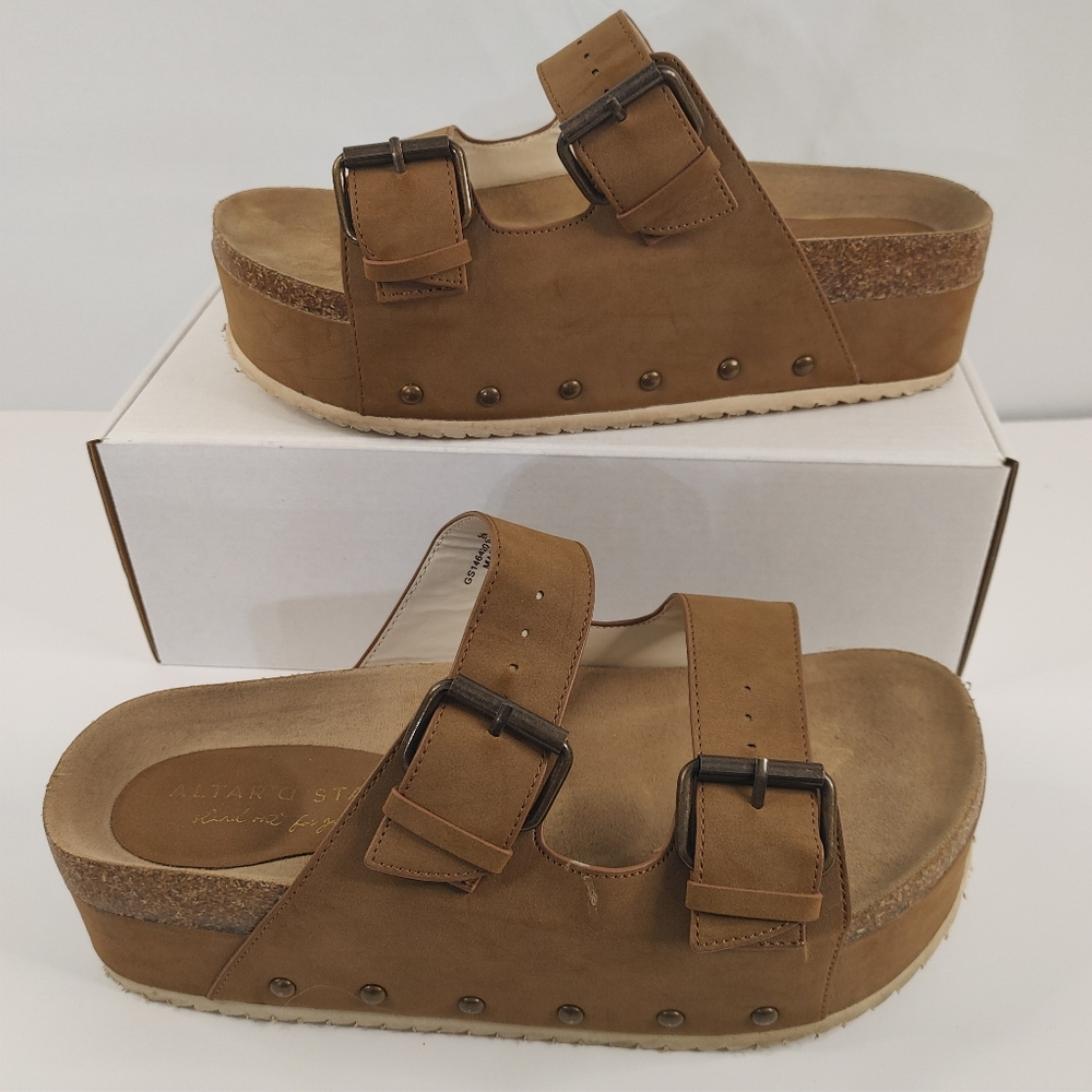 Altar’d State Serenna Platform Slide Sandals Size 9 Brown Double Buckle Boho - Picture 2 of 14